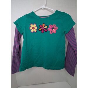 Hanna Andersson Girls Green Flower Applique Layered Long Sleeve Tee Shirt 140